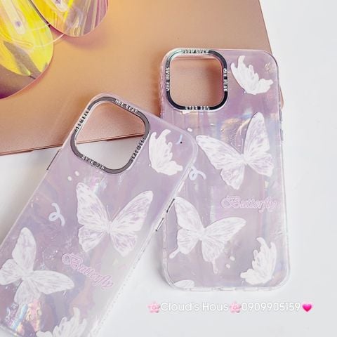 Case Ốp điện thoại iPhone Bướm Trắng Butterfly Ánh Xà Cừ Nền Hồng kèm bảo vệ camera đính đá iPhone 11/12/13/14/15/Pro/Promax