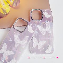 Case Ốp điện thoại iPhone Bướm Trắng Butterfly Ánh Xà Cừ Nền Hồng kèm bảo vệ camera đính đá iPhone 11/12/13/14/15/Pro/Promax