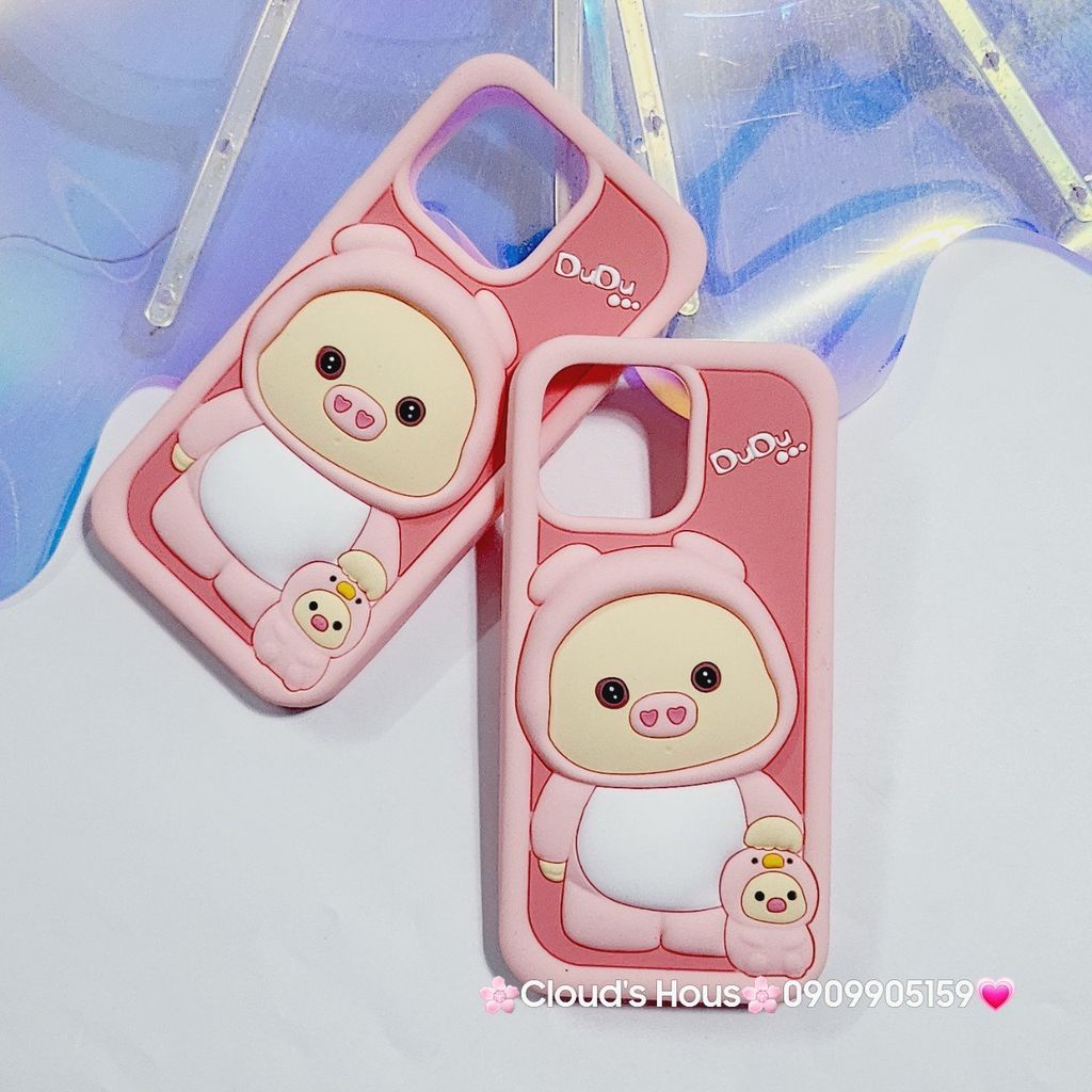 Case Ốp điện thoại iPhone Su dẻo Heo Cosplay Dudu Nền Hồng iPhone 11/12/13/14/15/Pro/Promax