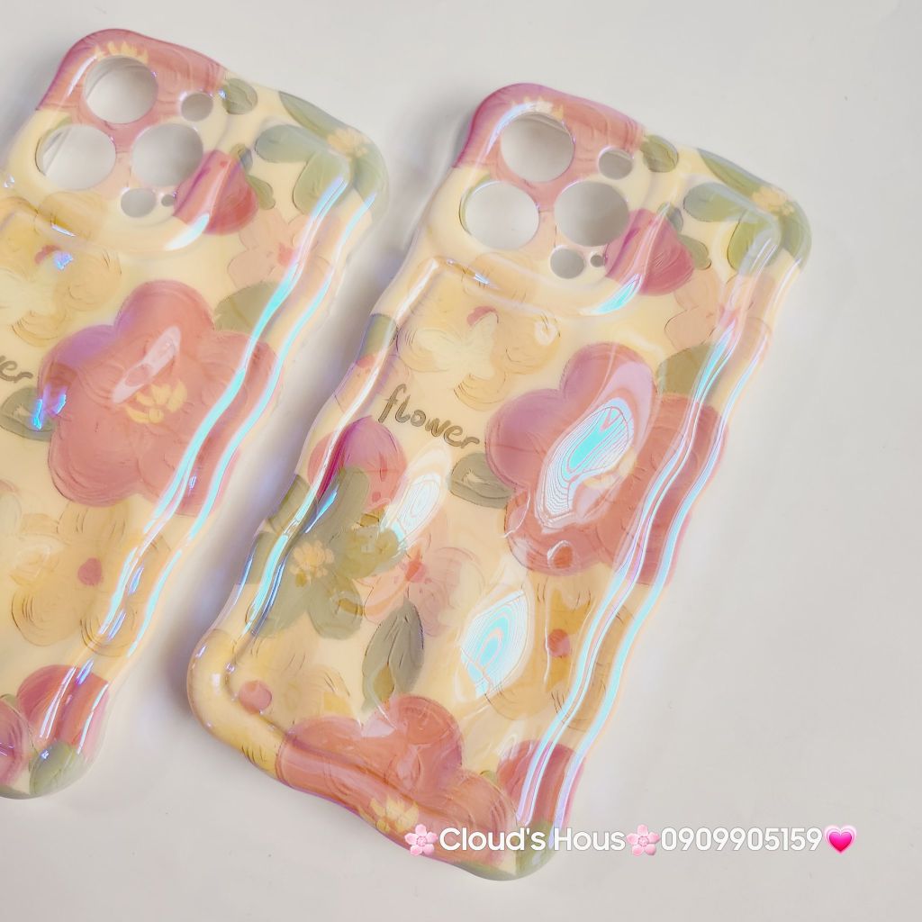 Case Ốp điện thoại iPhone HOA Hologram nền vàng Nổi Viền Gợn Sóng iPhone 12/13/14/15/Pro/Promax