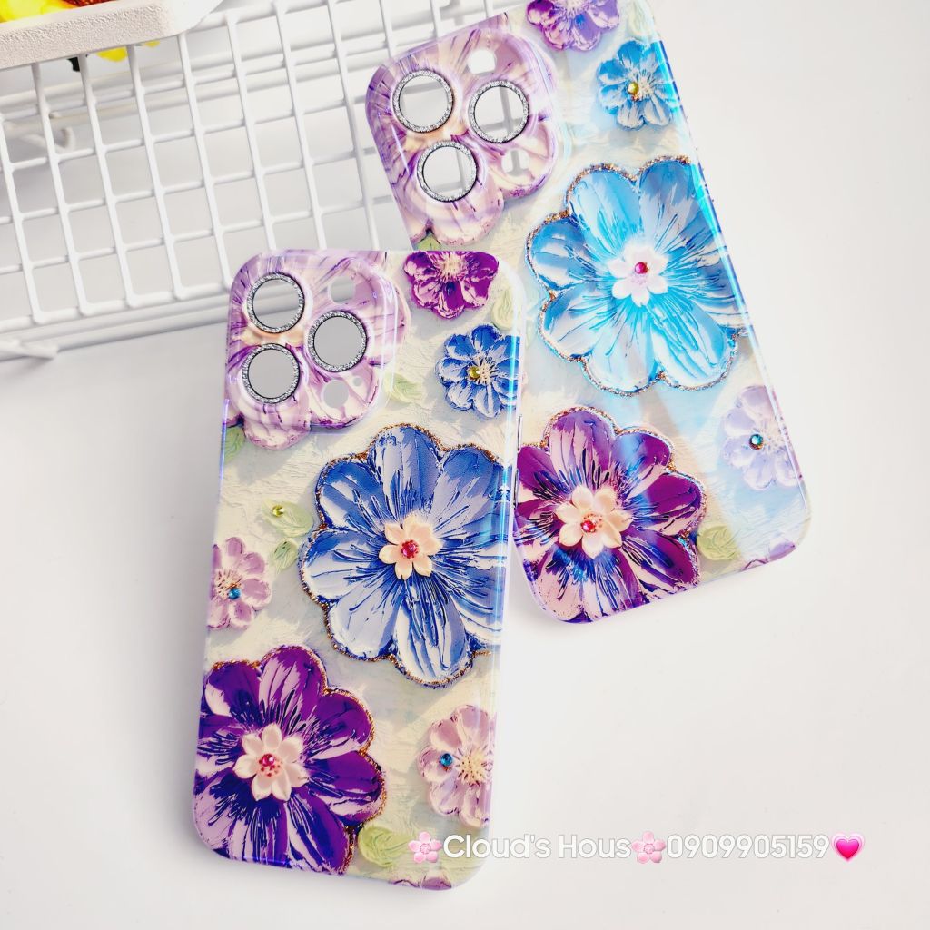 Case Ốp điện thoại iPhone Hoa Hologram nền xanh lá viền nhám bảo vệ cụm camera đính đá iPhone 11/12/13/14/15/Pro/Promax