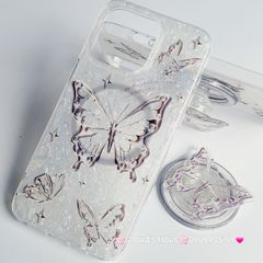 Case Ốp điện thoại iPhone Magsafe Bướm Đen Ánh Xà Cừ Trắng Kèm Popsocket Nam Châm iPhone 11/12/13/14/15/Pro/Promax
