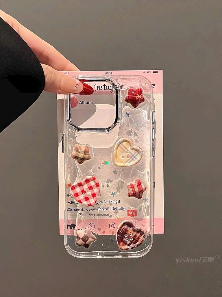 Case Ốp điện thoại iPhone Trong Icon Nổi Trái Tim Ngôi Sao Bling Bling Case iPhone 12/13/14/15/16/Pro/Promax