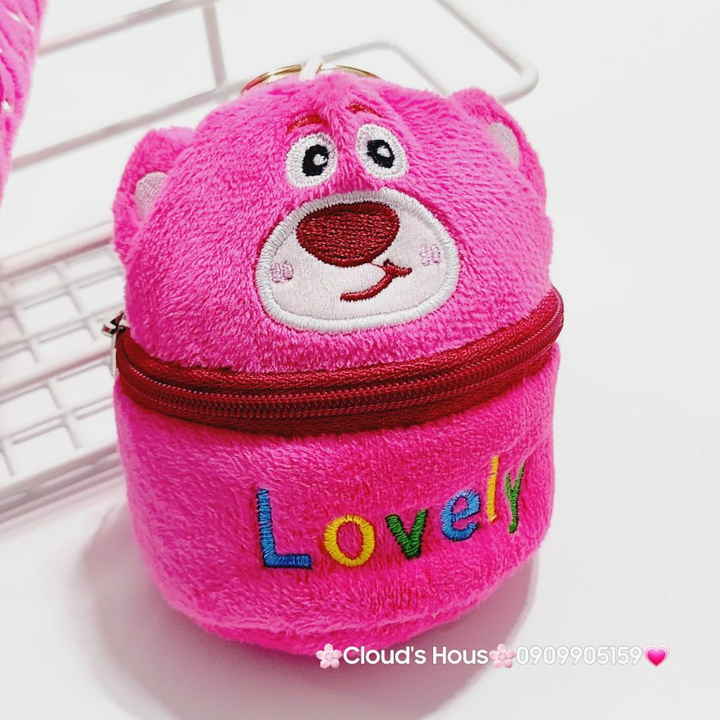 Bóp móc khoá Gấu dâu Lotso Vải bông nhung ( Tặng Kèm Tai Nghe)