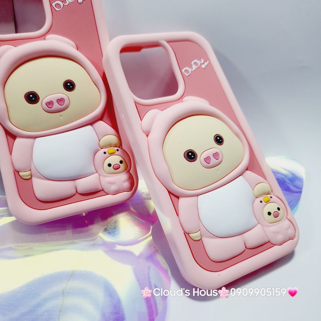 Case Ốp điện thoại iPhone Su dẻo Heo Cosplay Dudu Nền Hồng iPhone 11/12/13/14/15/Pro/Promax