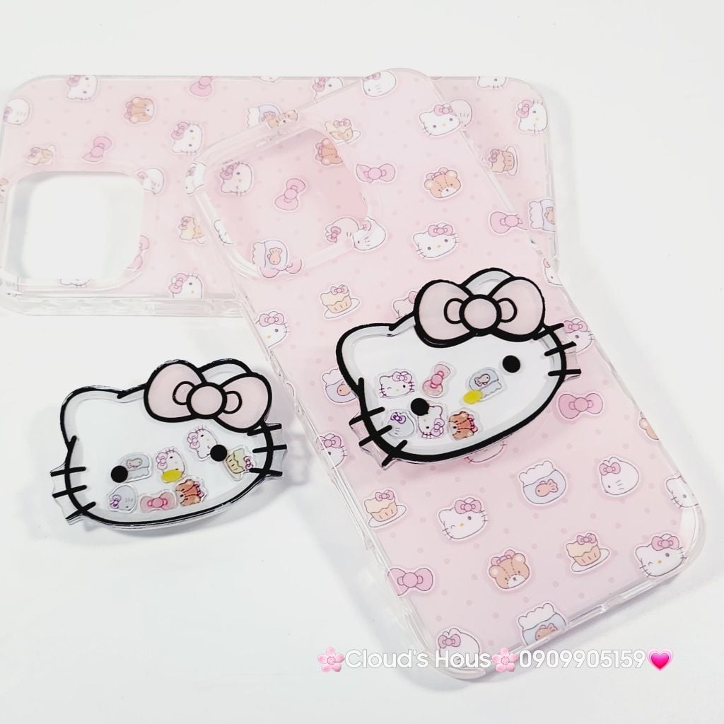 Case Ốp điện thoại iPhone Hello Kitty Nền Hồng PopSocket iPhone 12/13/14/15/16/Pro/Promax