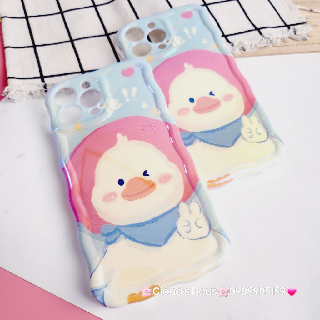 Case Ốp điện thoại iPhone Vịt Cute Đeo Yếm Hologram Viền Gợn Sóng iPhone 11/12/13/14/15/Pro/Promax