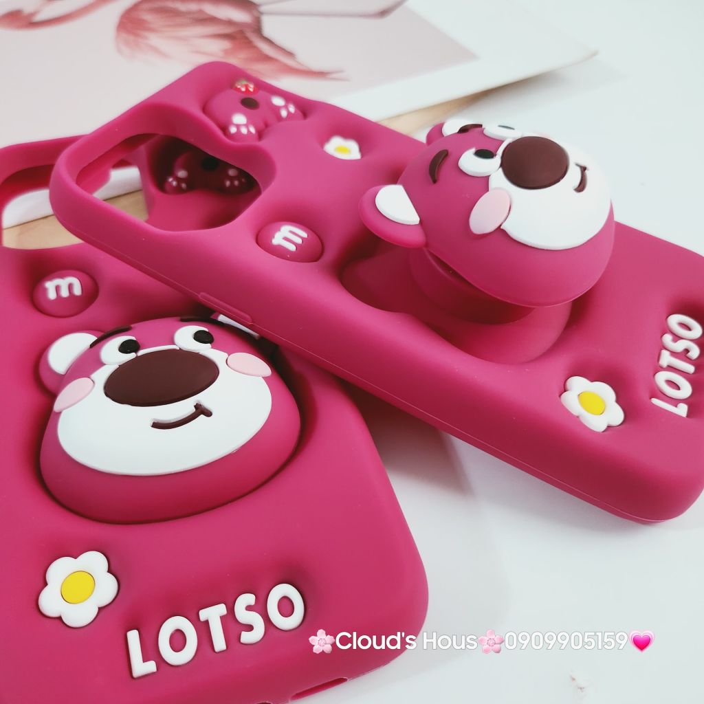 Case Ốp điện thoại iPhone Gấu Dâu Lotso Su dẻo 3D Nổi Popsocket iPhone 11/12/13/14/15/Plus/Pro/Promax