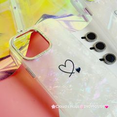 Case Ốp điện thoại iPhone Trái Tim Nền Trắng Ánh Xà Cừ kèm bảo vệ camera đính đá iPhone 11/12/13/14/15/Pro/Promax