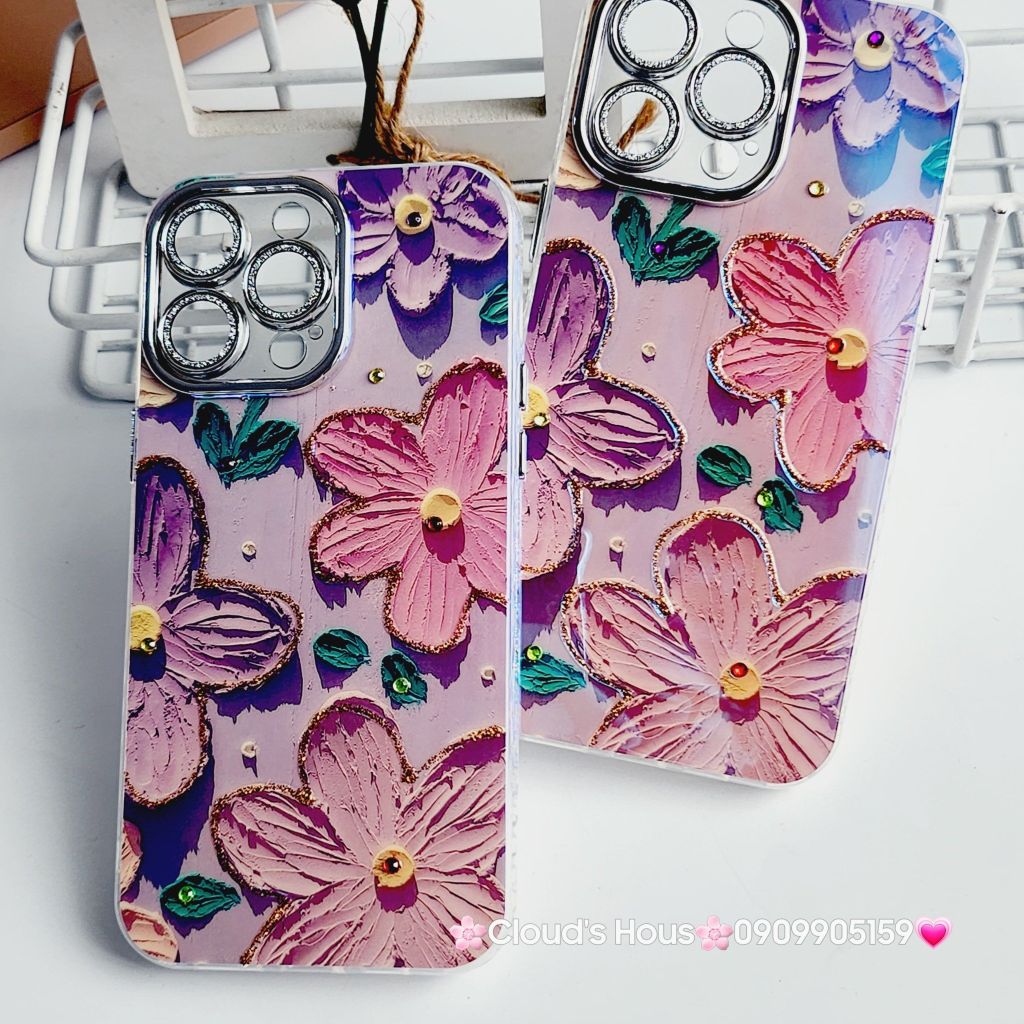 Case Ốp điện thoại iPhone Hoa To Hologram Nền Tím Đính đá Camera iPhone 11/12/13/14/15/Pro/Promax