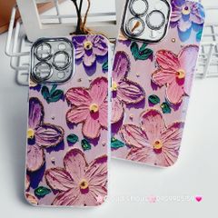 Case Ốp điện thoại iPhone Hoa To Hologram Nền Tím Đính đá Camera iPhone 11/12/13/14/15/Pro/Promax