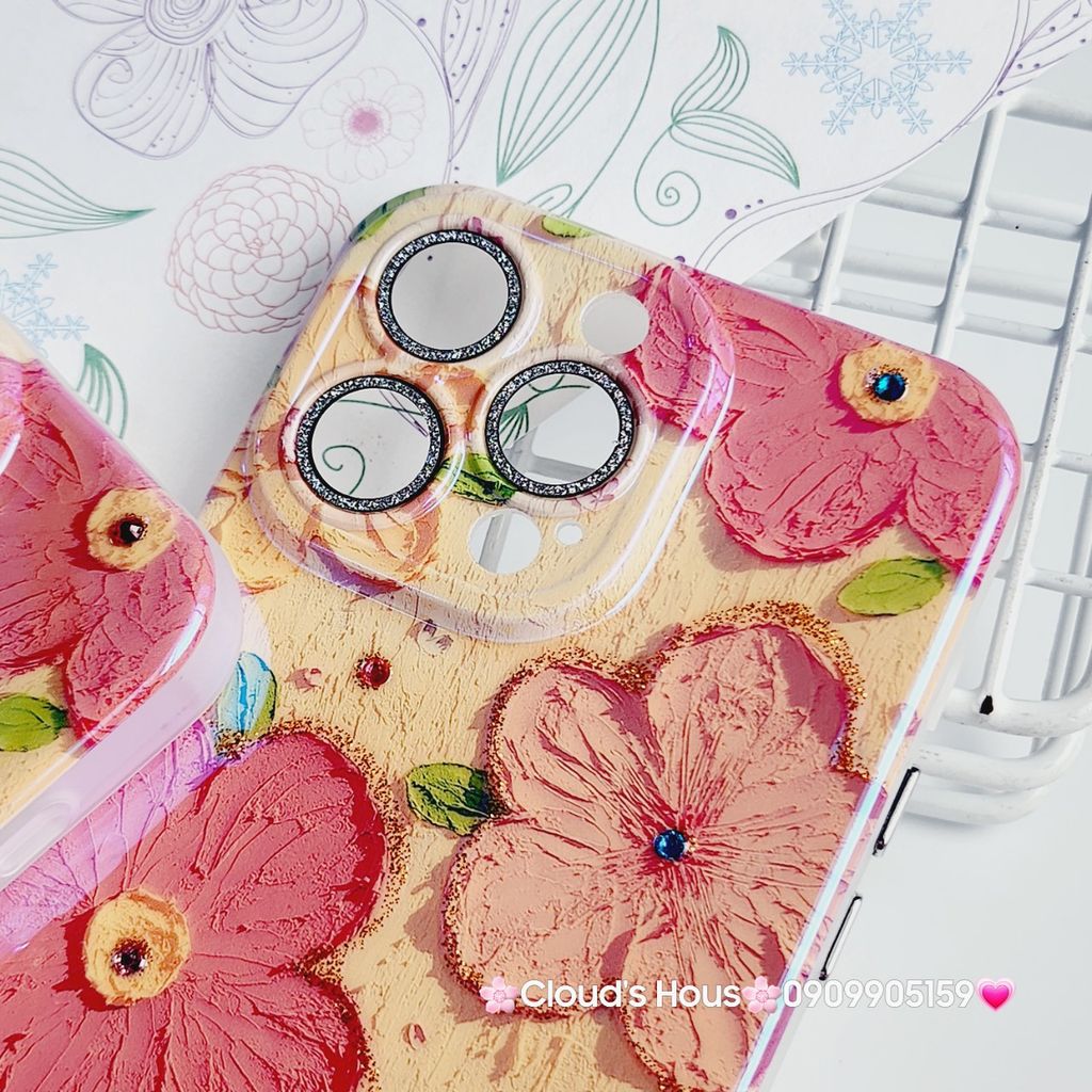 Case Ốp điện thoại iPhone Hoa Hologram nền vàng hoa đỏ viền nhám bảo vệ cụm camera đính đá iPhone 11/12/13/14/15/Pro/Promax