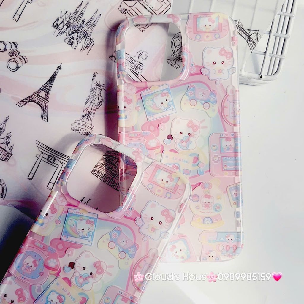 Case Ốp điện thoại iPhone Hello Kitty Nền Trắng Hồng iPhone 12/13/14/15/Pro/Promax