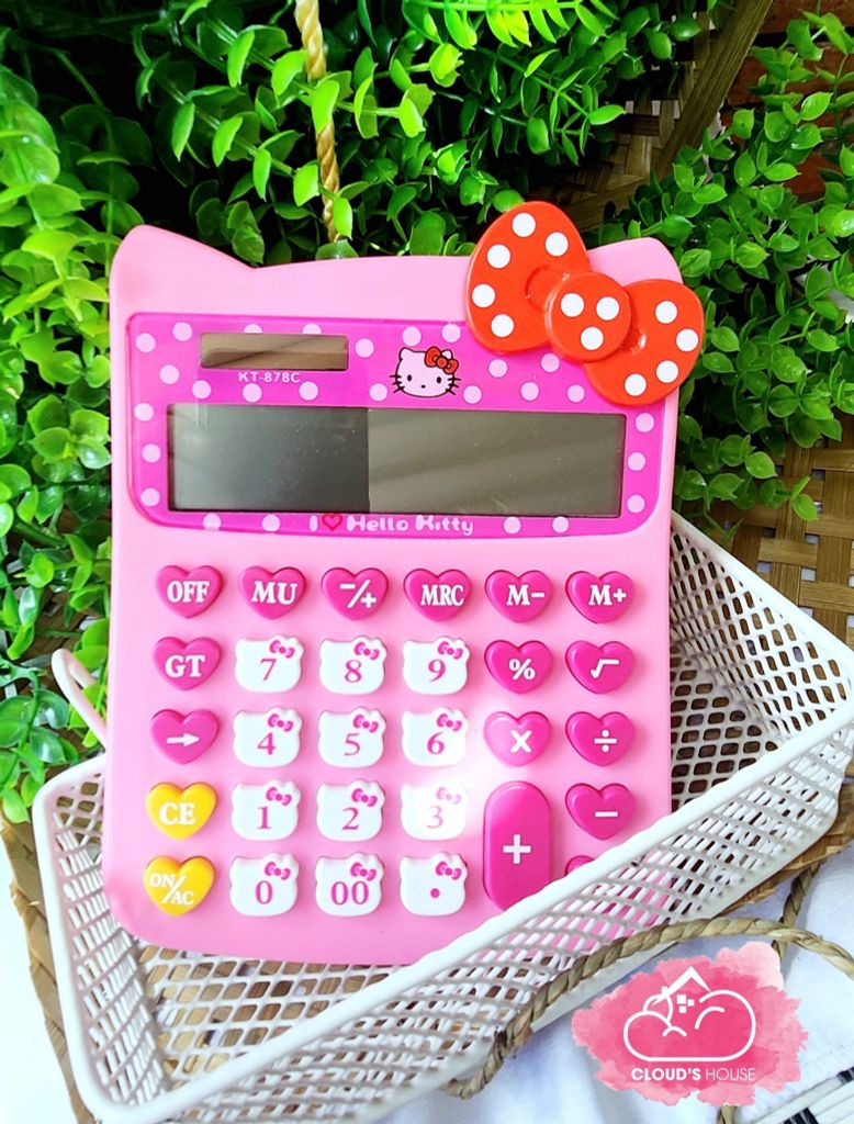 Máy Tính Hello Kitty Vuông Hồng Đậm Nơ đỏ