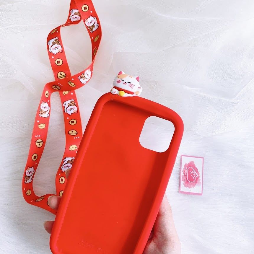 Case Ốp điện thoại iPhone Mèo may mắn Su dẻo Kèm dây đeo điện thoại iPhone 7/8/XsMax/11/12/Plus/Pro/Promax - TẾT