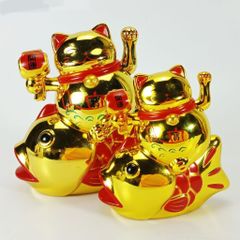 Mèo Thần Tài Mạ Vàng Cưỡi Cá Chép