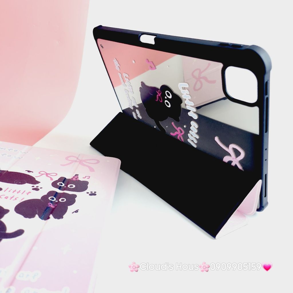 Case Ốp Bao da iPad Mèo Đen Nền Hồng Little Cats Lưng Gương iPad 9.7/10/10.2/10.5/10.9/11/12.9inch