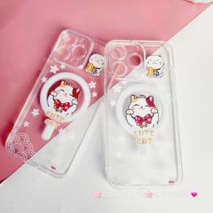 Case Ốp điện thoại iPhone Trong Magsafe Mèo may mắn Cute Cat kèm Popsocket iPhone 11/12/13/14/15/Pro/Plus/Promax - TẾT