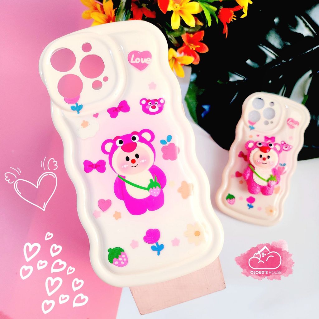 Case Ốp điện thoại iPhone Gấu dâu Lotso Chất phao Viền gợn sóng Kèm popsoket iPhone 11/12/13/14/Plus/Pro/Promax