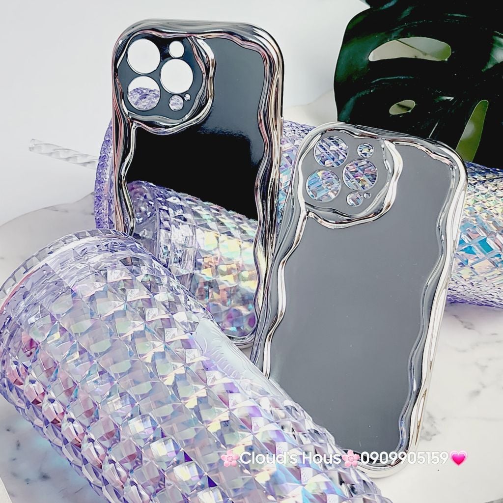 Case Ốp điện thoại iPhone Gương ánh bạc viền gợn sóng iPhone X/XSM/11/12/13/14/15/Pro/Promax