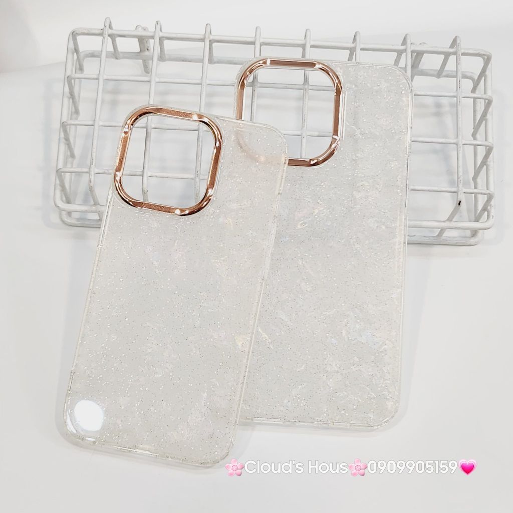 Case Ốp điện thoại iPhone Nền Trắng Ánh Xà Cừ Bling Bling Camera viền vàng Siêu Sang iPhone 12/13/14/15/16/Pro/Promax