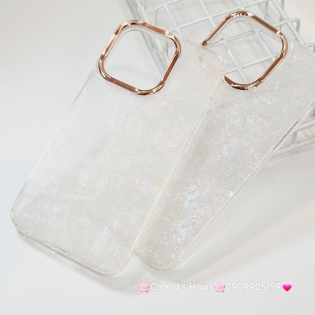 Case Ốp điện thoại iPhone Nền Trắng Ánh Xà Cừ Bling Bling Camera viền vàng Siêu Sang iPhone 12/13/14/15/16/Pro/Promax