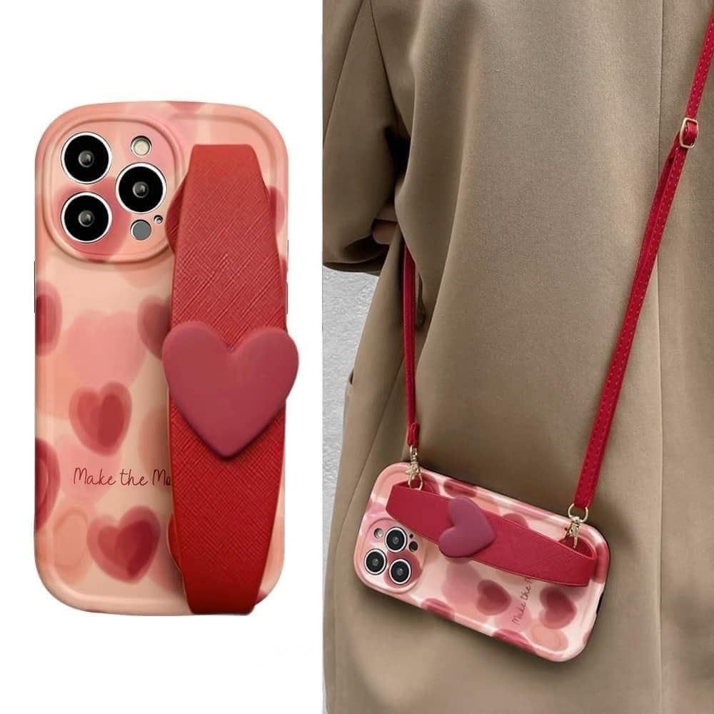 Case Ốp điện thoại Trái tim chống dựng có dây đeo iPhone 11/12/13/14/Pro/Promax