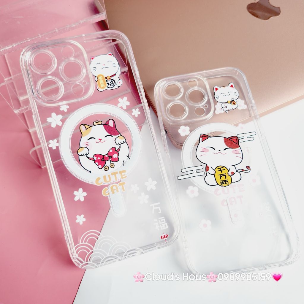 Case Ốp điện thoại iPhone Trong Magsafe Mèo may mắn Cute Cat kèm Popsocket iPhone 11/12/13/14/15/Pro/Plus/Promax - TẾT