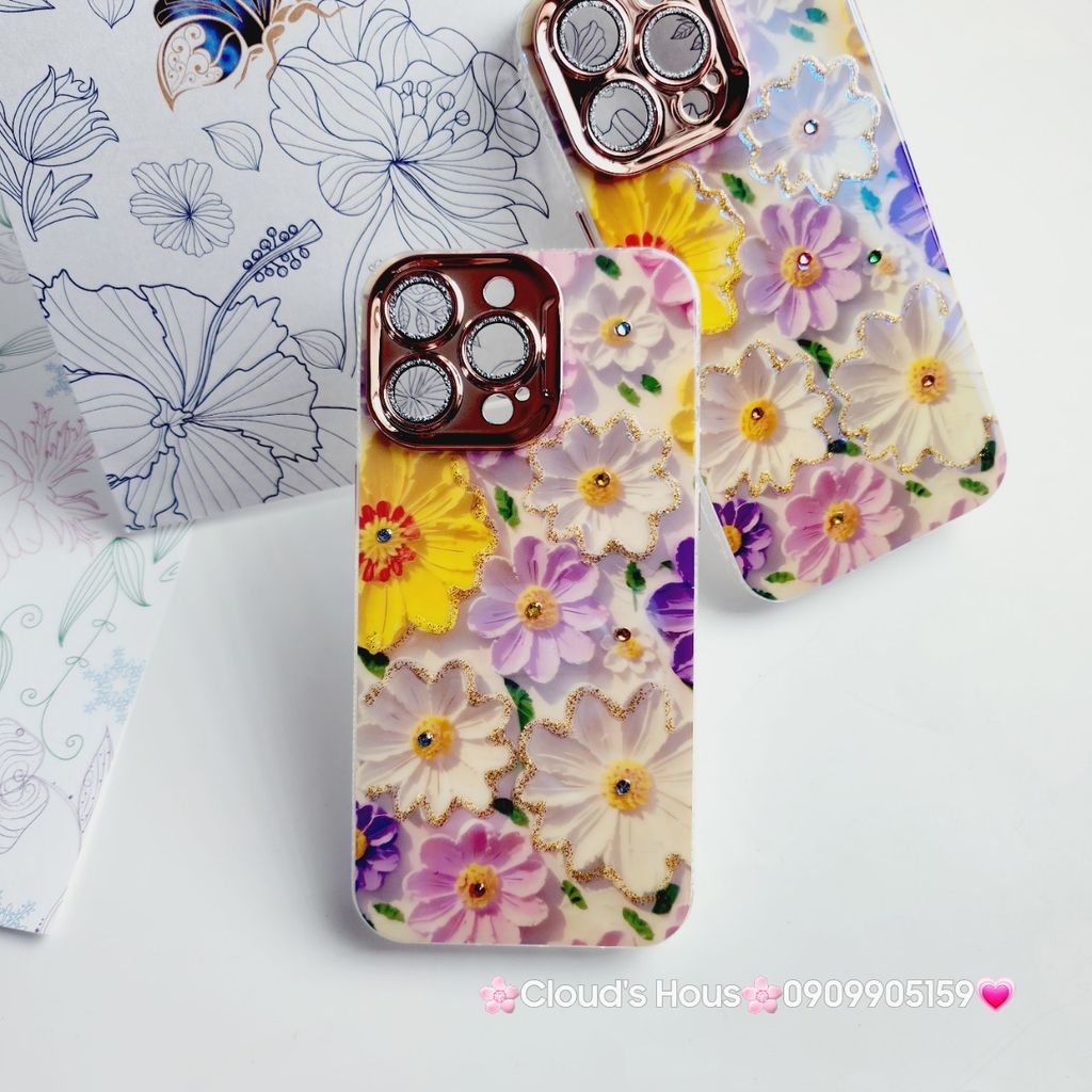 Case Ốp điện thoại iPhone Hoa Hologram nền trắng hoa ngũ sắc viền nhám bảo vệ cụm camera đính đá iPhone 11/12/13/14/15/Pro/Promax