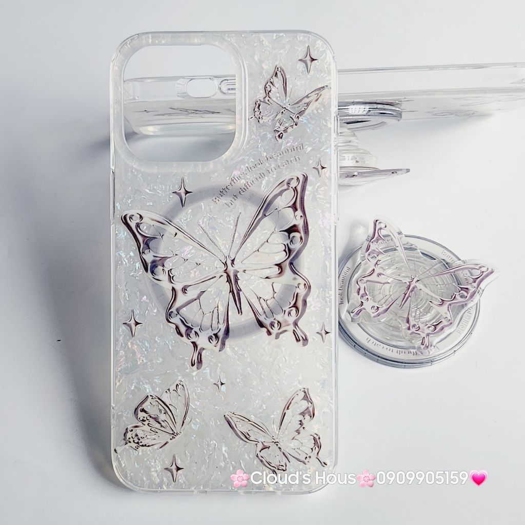Case Ốp điện thoại iPhone Magsafe Bướm Đen Ánh Xà Cừ Trắng Kèm Popsocket Nam Châm iPhone 11/12/13/14/15/Pro/Promax