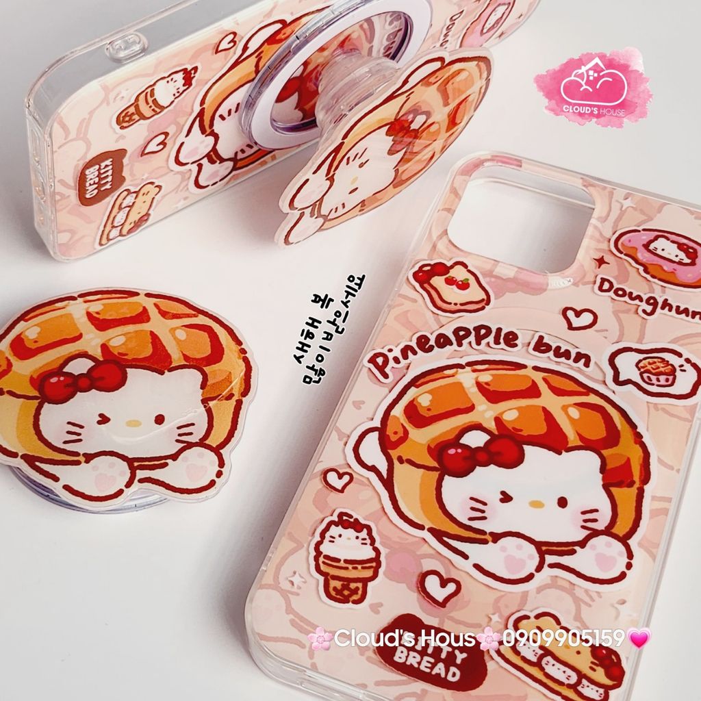 Case Ốp điện thoại iPhone Magsafe Mèo Hello Kitty Bread Pineapple bun Kèm Popsocket Nam Châm iPhone 11/12/13/14/15/Pro/Promax