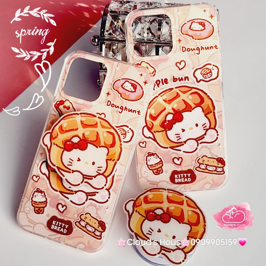 Case Ốp điện thoại iPhone Magsafe Mèo Hello Kitty Bread Pineapple bun Kèm Popsocket Nam Châm iPhone 11/12/13/14/15/Pro/Promax