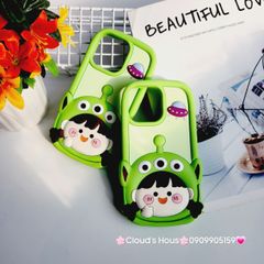 Case Ốp điện thoại iPhone Su dẻo Bé Gái Hai Chùm Alien Xanh lá iPhone 11/12/13/14/15/Pro/Promax