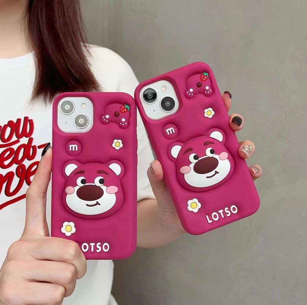 Case Ốp điện thoại iPhone Gấu Dâu Lotso Su dẻo 3D Nổi Popsocket iPhone 11/12/13/14/15/Plus/Pro/Promax