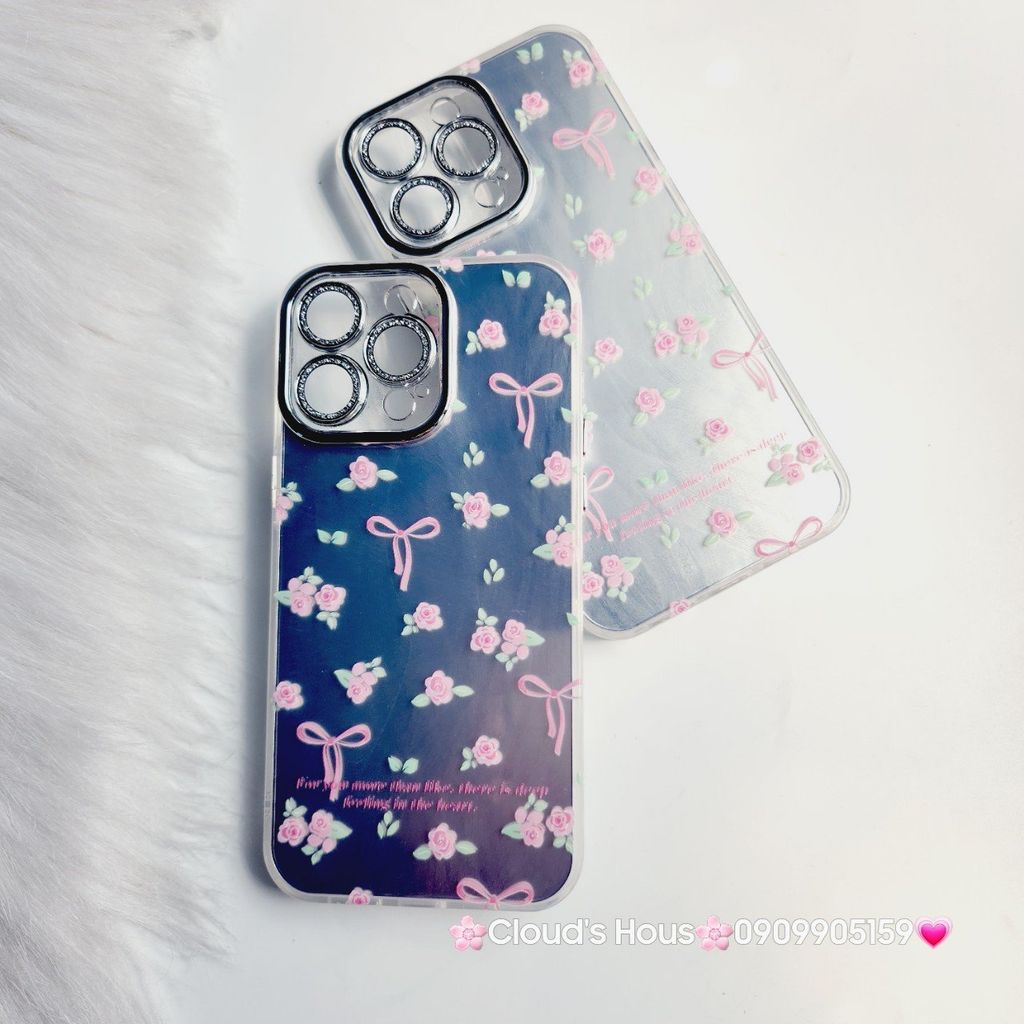 Case Ốp điện thoại iPhone Gương Nơ Hoa Camera đính đá kèm bảo vệ camera hologram iPhone 11/12/13/14/15/Pro/Promax