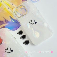 Case Ốp điện thoại iPhone Trái Tim Nền Trắng Ánh Xà Cừ kèm bảo vệ camera đính đá iPhone 11/12/13/14/15/Pro/Promax