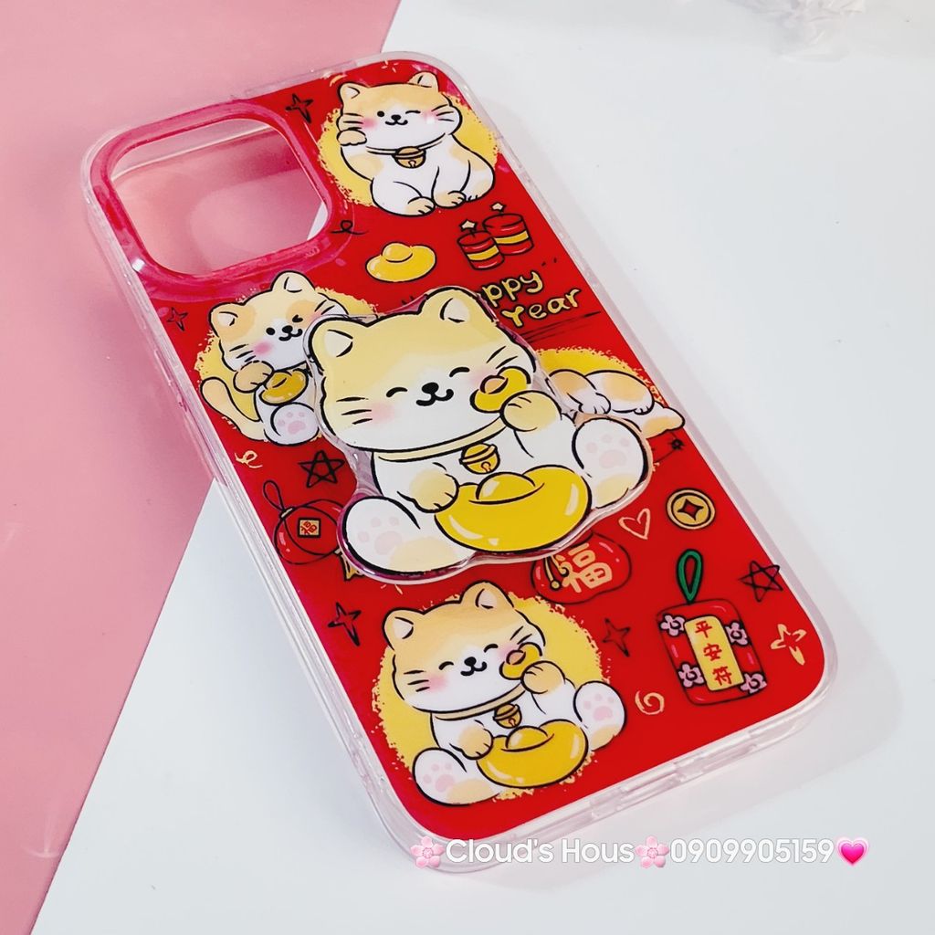Case Ốp điện thoại iPhone Mèo May Mắn Good Luck Tết Kèm Popsocket Nam Châm iPhone 11/12/13/14/15/Pro/Promax