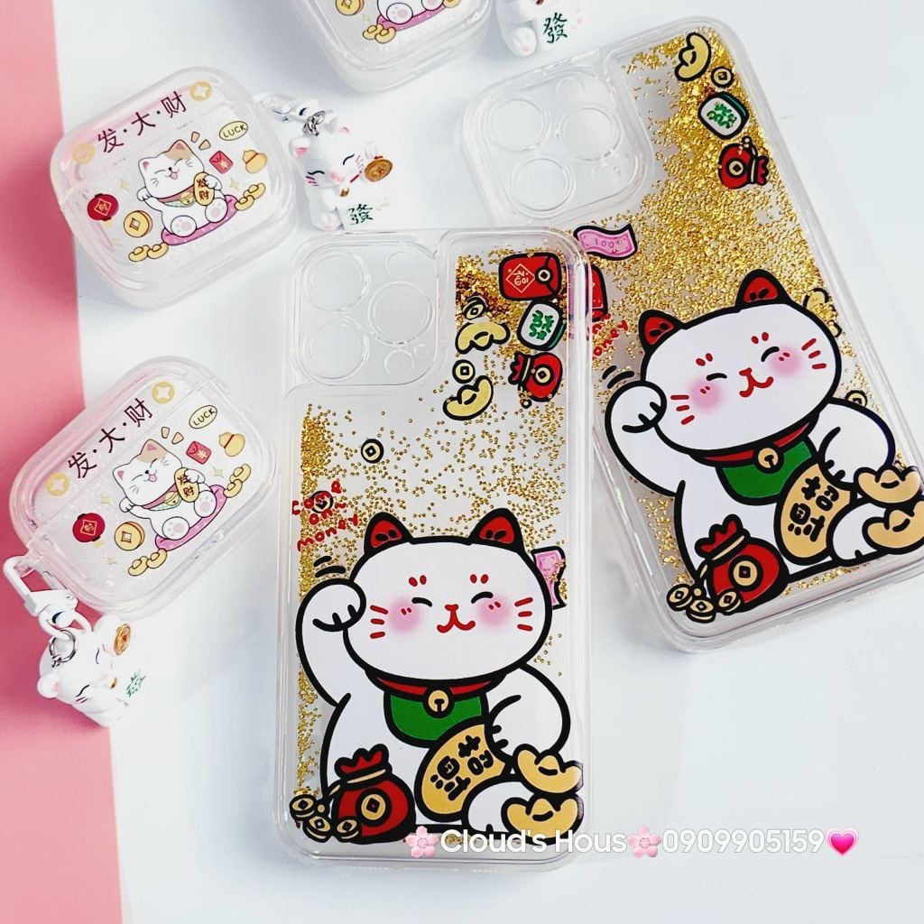 Case Ốp điện thoại iPhone Mèo May Mắn Nước Bling Bling iPhone 11/12/13/14/15/Pro/Promax - TẾT