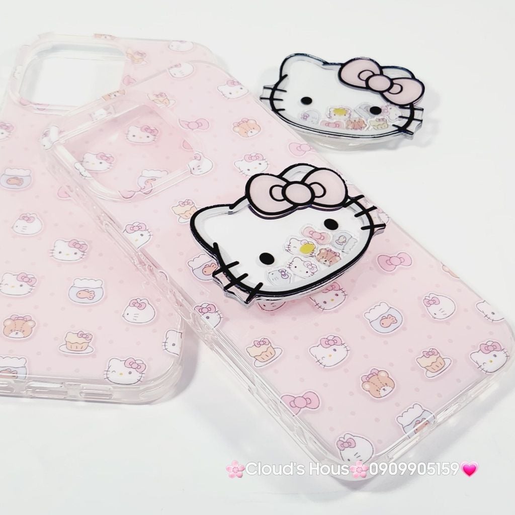 Case Ốp điện thoại iPhone Hello Kitty Nền Hồng PopSocket iPhone 12/13/14/15/16/Pro/Promax