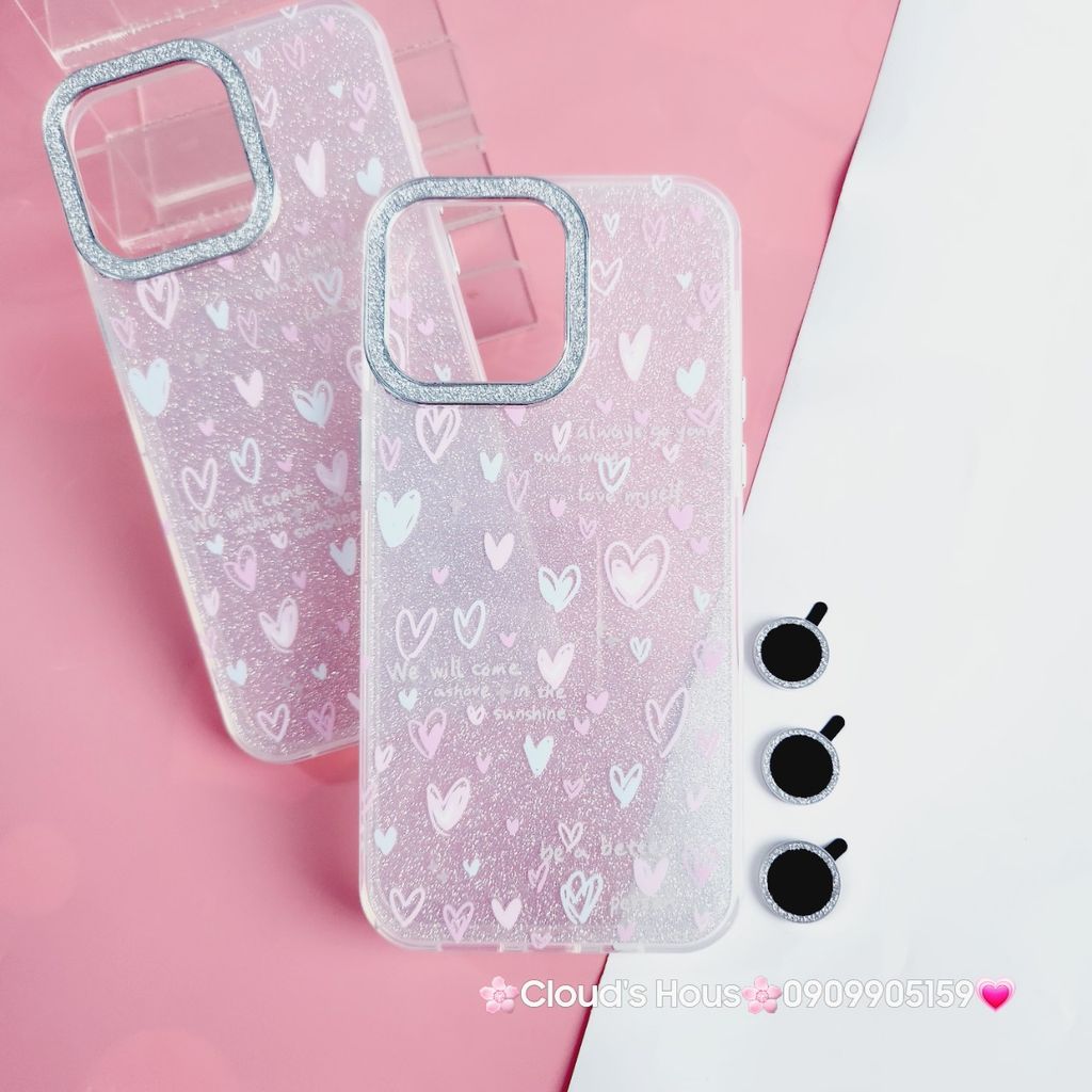 Case Ốp điện thoại iPhone Trái Tim nền Trong Bling Bling kèm Cường lực Camera lấp lánh iPhone 11/12/13/14/15/Pro/Promax