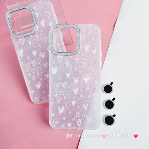 Case Ốp điện thoại iPhone Trái Tim nền Trong Bling Bling kèm Cường lực Camera lấp lánh iPhone 11/12/13/14/15/Pro/Promax