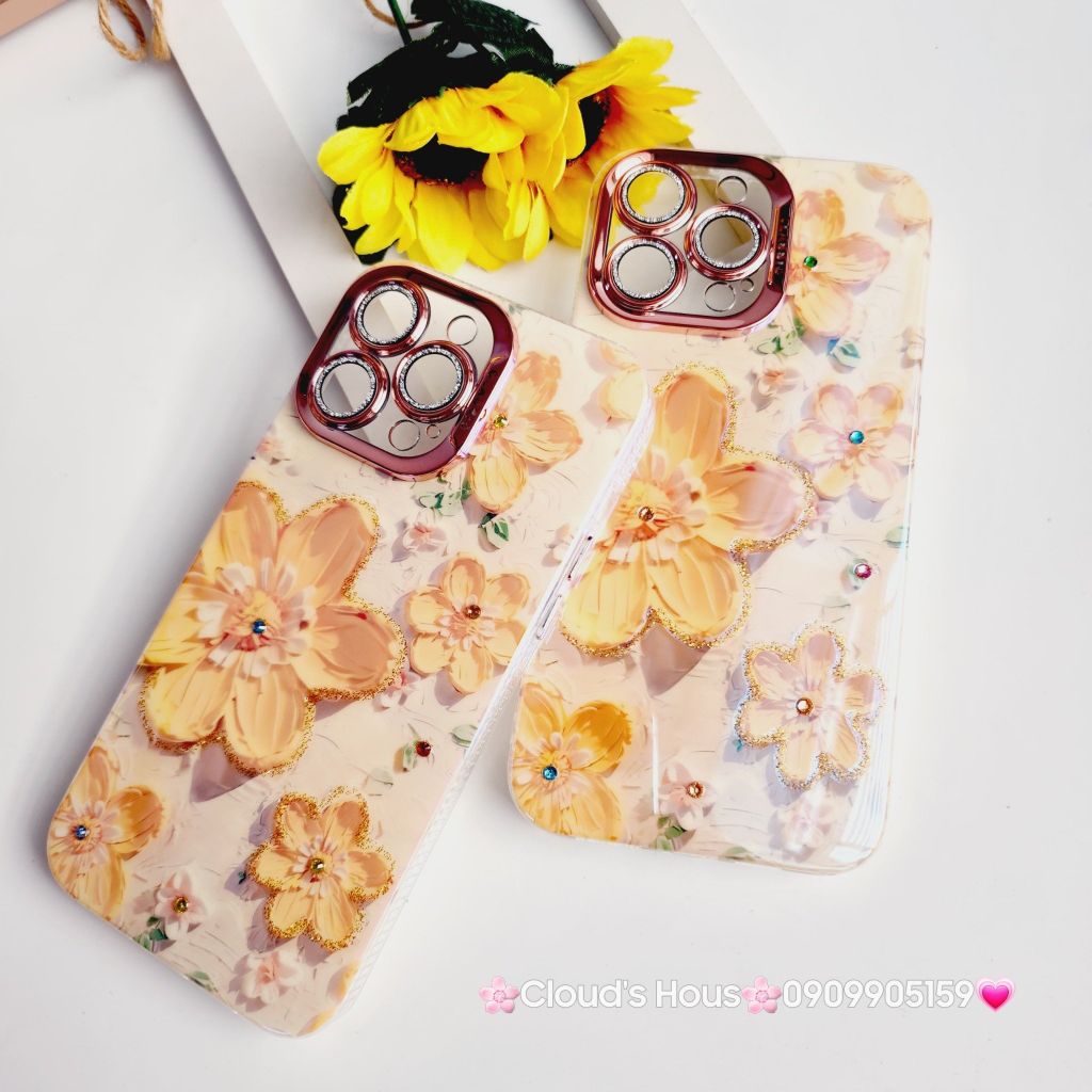 Case Ốp điện thoại iPhone Hoa To Hologram Nền Vàng Viền Camera đính đá Classic 11/12/13/14/15/Pro/Plus/Promax