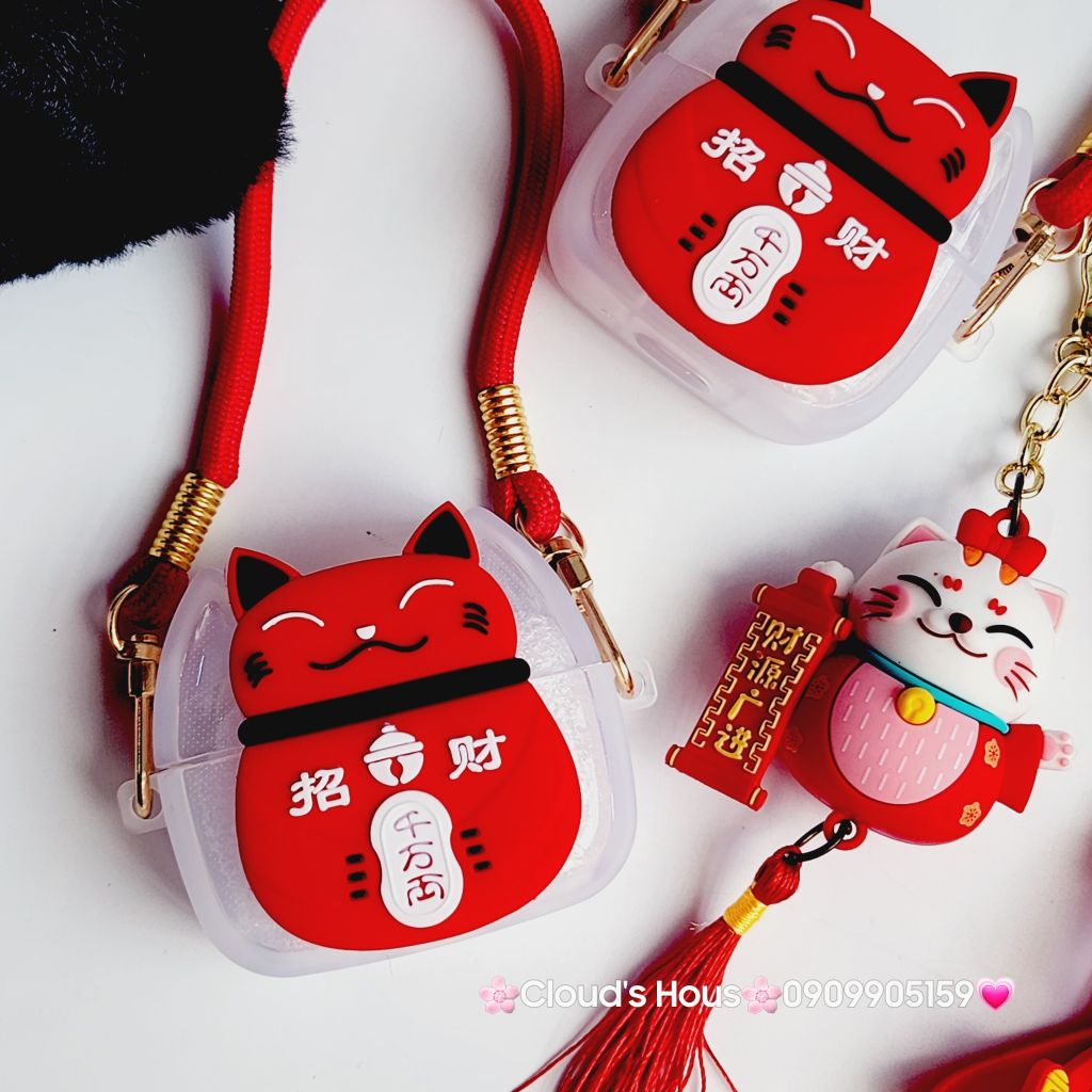 Cover Case Vỏ bảo vệ Airpod Mèo May Mắn Nhám Đỏ Có Dây Xách Airpod 1/2/3/Pro/Pro2 - TẾT