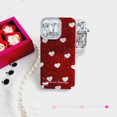 Case Ốp điện thoại iPhone Trái Tim Bạc Nền Đỏ Camera Viền Đính đá kèm bảo vệ Camera iPhone 11/12/13/14/15/Pro/Promax