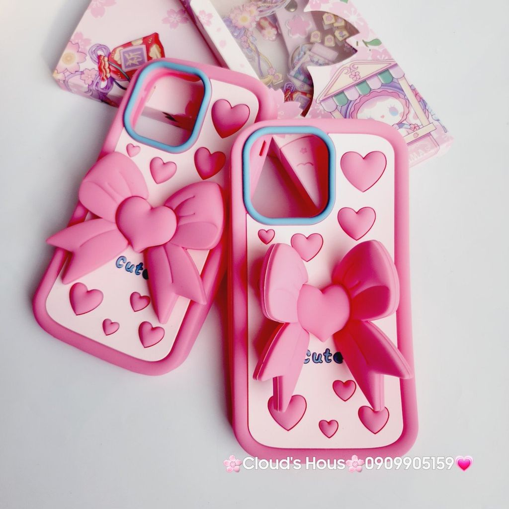 Case Ốp điện thoại iPhone Su dẻo Nơ Chống Dựng Trái tim iPhone 6P/7P/8P/X/Xs/XSMax/11/12/13/14/15/Pro/Promax