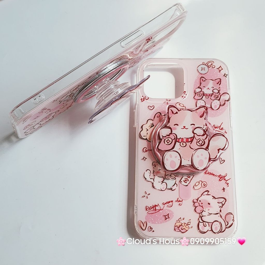 Case Ốp điện thoại iPhone Mèo Hồng May Mắn Kèm Popsocket Magsafe Nam Châm iPhone 11/12/13/14/15/Pro/Promax