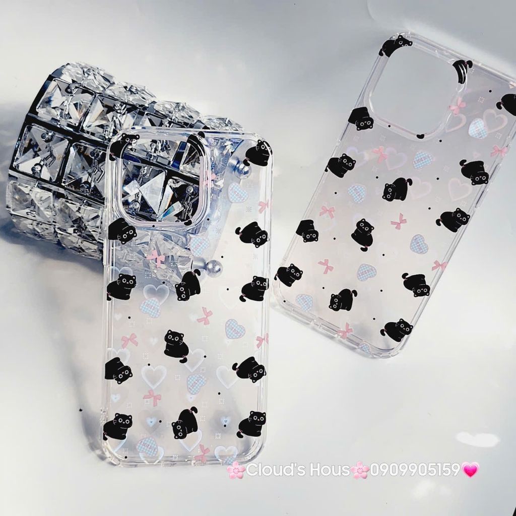 Case Ốp điện thoại iPhone Trong Mèo Đen Nền Tim Hologram iPhone 12/13/14/15/Pro/Promax