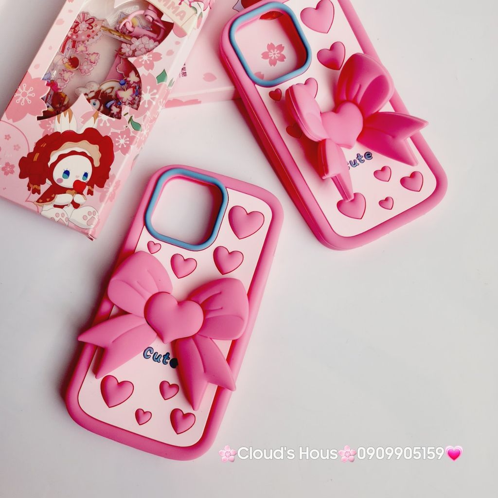 Case Ốp điện thoại iPhone Su dẻo Nơ Chống Dựng Trái tim iPhone 6P/7P/8P/X/Xs/XSMax/11/12/13/14/15/Pro/Promax