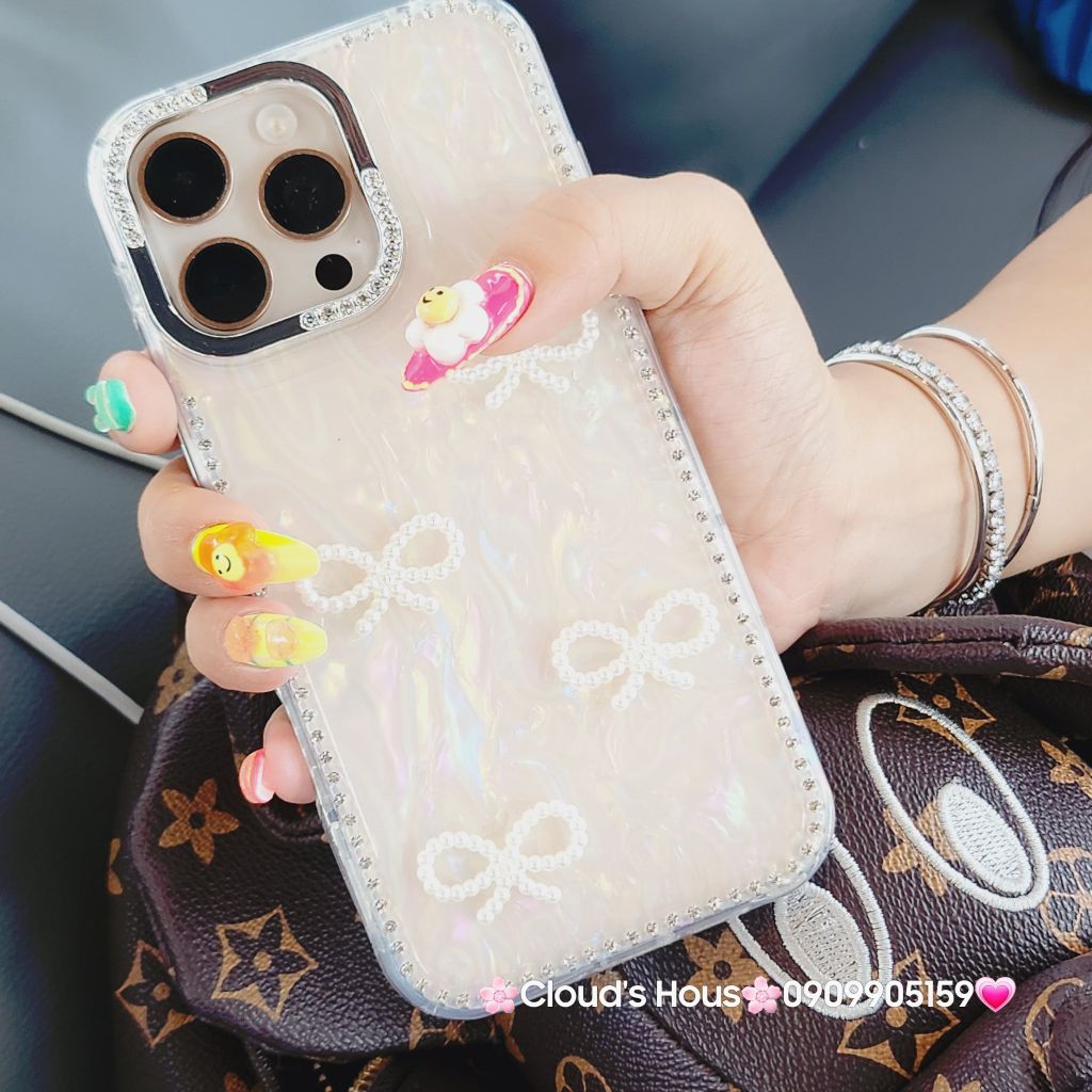 Case Ốp điện thoại iPhone Nơ Trắng Trong Ánh Xà Cừ Đính Đá Case iPhone 12/13/14/15/16/Pro/Promax