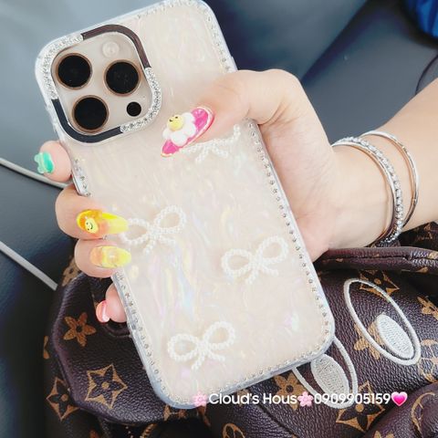 Case Ốp điện thoại iPhone Nơ Trắng Trong Ánh Xà Cừ Đính Đá Case iPhone 12/13/14/15/16/Pro/Promax